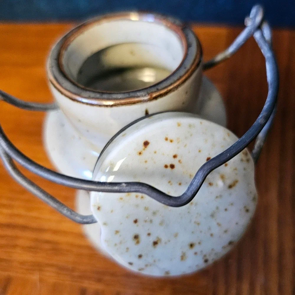 Vintage Studio Pottery Bamboo Leaf Stoneware Canister Wire Bail Spice Jar